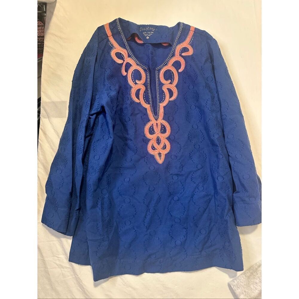 Lilly Pulitzer Amelia Island Blue Coral Embroidery Tunic Top, Size L